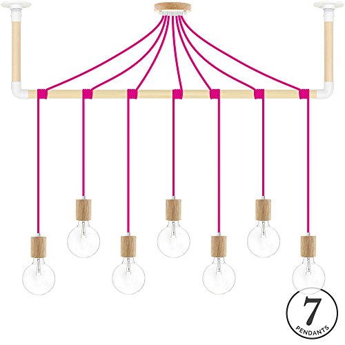 Pink and Natural Wood Pendant Light Wrap with Nature Wood and White Hanging Bracket - Hangout Lighting - 7 Pendants