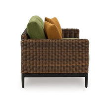 Benzara Izon Outdoor Loveseat, 2 Throw Pillows, Green, Brown Woven, 60 Inch