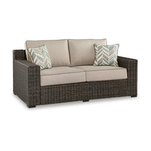 Benzara 71 Inch Outdoor Loveseat with 2 Throw Pillows Resin Wicker Brown Beige Black