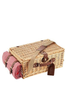 Handmade Wicker Picnic Basket Set for 4 People with Red Gingham Pattern, Wood, Insulated Compartment, Includes Glass Goblets, Plates, and Water-Resistant Blanket - Brown and Red