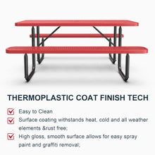 Hassyee Heavy Duty Outdoor Picnic Table and Build-in Benches Set with Mesh Design for Poolside,Garden, Patio Furniture Set with Steel Legs and Umbrella Hole for Park, Balcony (Red 6ft Long Table)