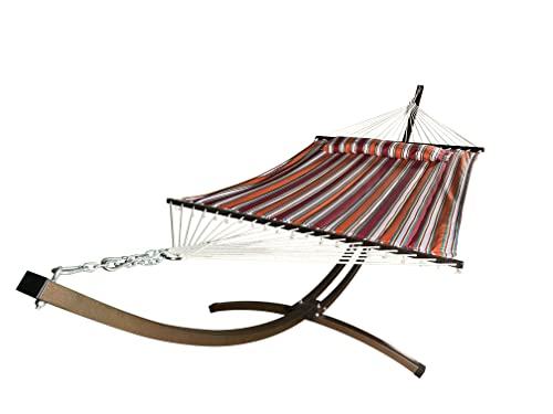 Petra Leisure 15 Ft. Indoor/Outdoor Heavy Duty Textured Bronze Steel Arc Hammock Stand & Premium Quilted Hammock Bed w/Pillow.(Elegant Fiesta Stripe)