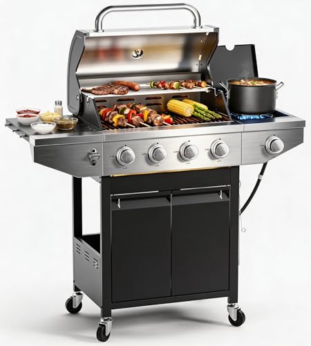 EUHOME 4-Burner Propane Gas BBQ Grill with Side Burner, 46,500 BTU Stainless Steel Outdoor BBQ with Enameled Cast Iron Grates & Side Tables for Patio, Backyard, and Outdoor Cooking
