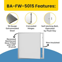 Best 16" x 16" Fire Rated Uninsulated Metal Access Panel Recessed for Drywalls, 22 Gauge Steel Access Door with Concealed Hinges & Pre-Punched Flange, Self-Latching, for Wall, Zinc-Coated, BA-FW-5015