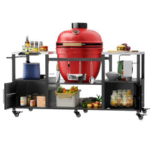 Heavy-Duty Outdoor Grill Cart for Kamado Style BBQ Grills, Steel Barbecue Table with Tool Storage Shelf and Wheels (Black + Silver + Metal + Stainless Steel)