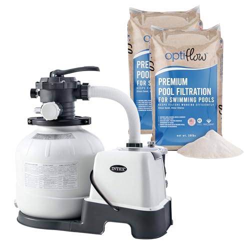 Intex 26675EG Krystal Clear 1600 GPH Sand Filter Pump for Above Ground Pools Bundled with OptiFlow 2 Pack Premium Pure Silica Filter Sand, 50 lb Bags
