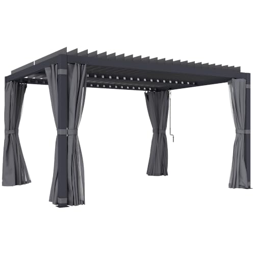 Outsunny 10 x 13 ft. Louvered Pergola Hardtop Gazebo w/Curtains Dark Gray