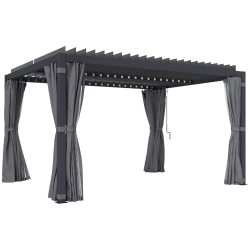 Outsunny 10 x 13 ft. Louvered Pergola Hardtop Gazebo w/Curtains Dark Gray