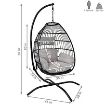 Sunnydaze Delaney Black Resin Wicker Hanging Egg Chair with Powder-Coated Steel Stand - Gray Polyester Cushions - 81 Inches H