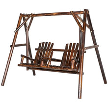 2-Seat Wooden Porch Swing with Stand, Outdoor Patio Swing Chair with Center Table & Adirondack Style Seats, Heavy Duty Solid Fir Log A-Frame, 650 lbs Capacity for Garden Backyard Deck