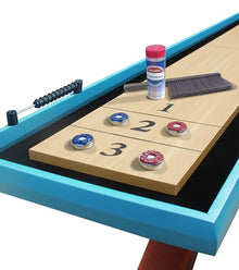 Beneouya Shuffleboard Table Curved Base Blue Top with 8 Pucks