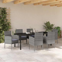 VGLQNRPT 7 Piece Poly Rattan Garden Dining Set, Patio Furniture with Tempered Glass Table and 6 Cushioned Chairs, Outdoor Seating for Backyard and Garden, Grey