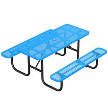 Zumic Thermoplastic Coated Metal Picnic Table Set with Umbrella Hole, Commercial Steel Heavy Duty Camping Table, Dining Furniture for Garden Backyard (Blue, 72IN Rectangular Table-Bulit 2 Benches)