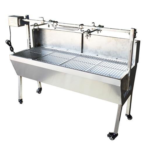 Yokoma Stainless Steel Rotisserie Grill 46.5"/118cm Whole Lamb/Pig Roaster 66LB Capacity 8-Height Adjustable with Brake Casters 110V 15W Motor