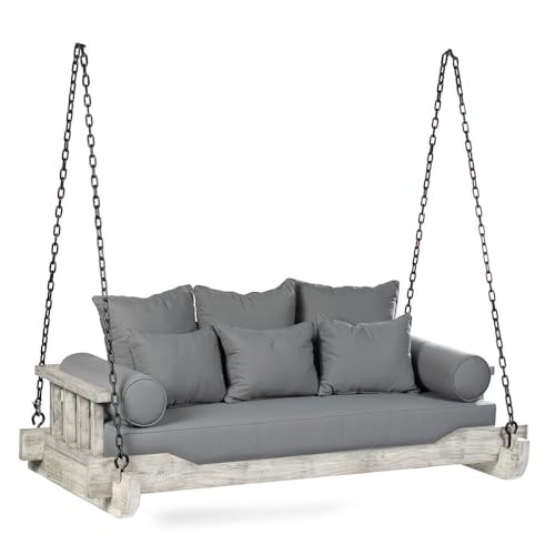 Ash & Ember Grade A Teak Twin Sized Porch Swing with Chain, 75" Wide Antique Finish Teak Wood Bed Frame with Grey Cushions, Weather-Resistant Backyard Benches Swings and Patio Furniture