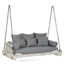 Ash & Ember Grade A Teak Twin Sized Porch Swing with Chain, 75" Wide Antique Finish Teak Wood Bed Frame with Grey Cushions, Weather-Resistant Backyard Benches Swings and Patio Furniture
