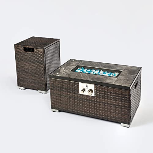 Luxurious Outdoor Rectangular Propane Fire Pit Table –Ceramic Tile Tabletop,Stainless Steel Burner, Electronic Pulse Ignition – Heats 11 Sq.Ft with 40,000 BTU Output (Cover+Table)
