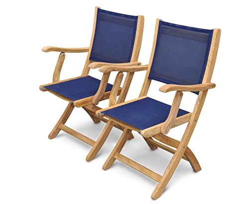 Teak Folding Chair with arms Sling Seat - Pair (Navy)