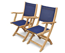 Teak Folding Chair with arms Sling Seat - Pair (Navy)