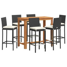 KUPTYERFG 7-Piece Outdoor Garden Bar Set, Black PE Rattan and Solid Acacia Wood Bar Table with 6 Cushioned Stools, Rectangular Patio Furniture for Backyard, Deck and Terrace