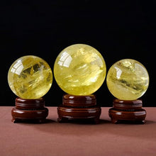 FOTCFATEV Yellow Quartz Crystal Sphere Gemstone Ball Divnation Feng Shui with Wooden Stand Sculpture Figurine for Home Office Decoration,100mm