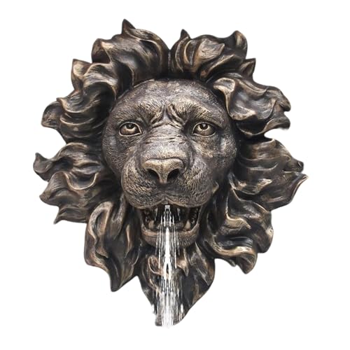 Lion Head Wall Hanging Fountain Sprayer, Nozzle Golden Garden Water Spray, Sculpture Head, Outdoor Watering Decoration Accessories for Office, Bedroom, Pond(Brown,56x60x25cm)