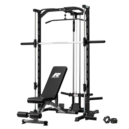 RitFit Smith Machine Power Rack with LAT-Pull Down System, Landmine, Barbell Bar, Plate Storage Pegs Black