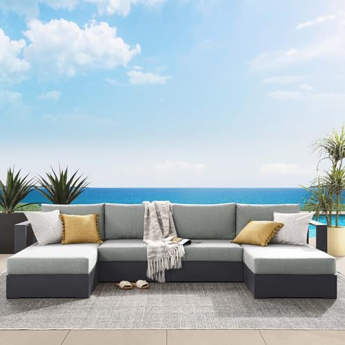 Modway Tahoe Aluminum 4-Piece Outdoor Patio Furniture Gray, Modular Sectional Sofa Set with Chaise Lounges, Weather-Resistant Cushion, Ideal for Deck, Backyard, Poolside