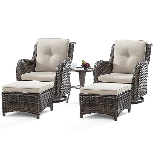 MeetLeisure 5 Piece Outdoor Patio Furniture Set Wicker Conversation Bistro Set Swivel Rocking Chairs with Side Table and Ottomans for Backyard, Porch, Deck(Mixed Grey/Beige)