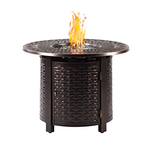 Oakland Living Round 34 in. x 34 in. Aluminum Propane Fire Pit Table with Glass Beads, Two Covers, Lid, 37,000 BTUs in Copper Finish