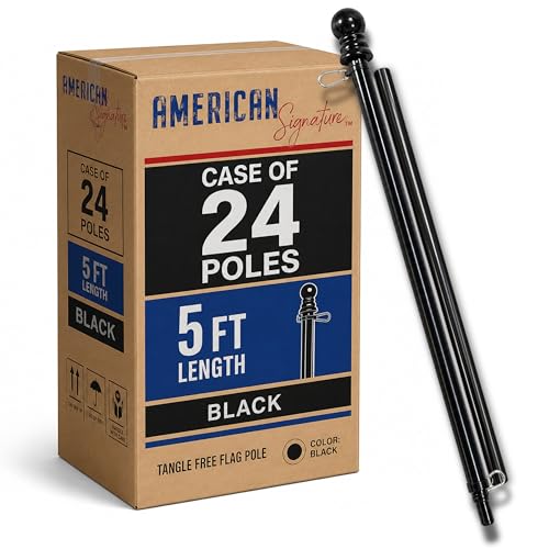 American Signature Heavy-Duty Tangle Free Spinning 5 ft Flag Pole with Metal Mounting Rings Outdoor Wall Mount Residential Commercial (Black) - Bulk Case of 24 Poles