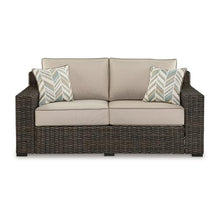 Benzara 71 Inch Outdoor Loveseat with 2 Throw Pillows Resin Wicker Brown Beige Black