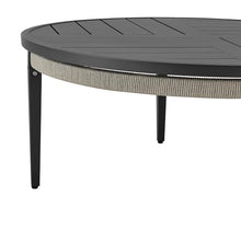 Armen Living Zella Round Coffee Table in Aluminum with Charcoal Finish and Light Gray Rope