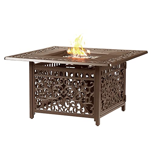 Square 42 in. x 42 in. Aluminum Propane Fire Pit Table with Glass Beads, Two Covers, Lid, 57,000 BTUs in Brown Finish