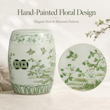 18.5" Ceramic Garden Stool, Green & White Chinoiserie Flower Bird Motif Drum Stool, Indoor Outdoor Patio Accent Side Table, Plant Stand and Decorative Stool for Living Room, Garden, Balcony green