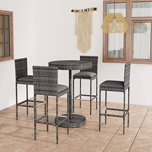 LKJVFCPW 5 Piece Patio Bar Set with Cushions, Outdoor PE Rattan Bar Table and 4 Stools, Garden Furniture Set for Backyard, Deck, and Poolside, Gray