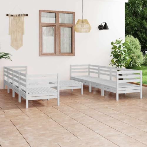 Molumvel 9 Piece Patio Lounge Set, Modular Outdoor Furniture Sofa Set with Table, Solid Pinewood Garden Conversation Seating for Backyard, Porch, and Deck, White