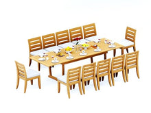 WholesaleTeakFurniture Grade-A Teak Wood 12 Seater 13 Pc Dining Set: 118" Double Extension Mas Rectangle Trestle Leg Table and 12 Atnas Armless Chairs #21AT2500