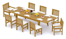TeakStation 8 Seater Grade-A Teak Wood 9 Pc Dining Set: 122" Atnas Double Extension Rectangle Table and 8 Devon Chairs (2 Arm & 6 Armless Chairs) #31DV2802