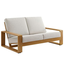 Modway Lirienne Aluminum Faux Wood Outdoor Loveseat in Ivory Natural - Weather-Resistant Modern 2-Seater Patio Couch with Removable Woven Fabric Cushions
