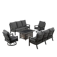 Oakland Living Black Aluminum Patio Fire Table Set with Two Deep Seating Sofa with Cushions and Two Club Chairs with Black Cushions