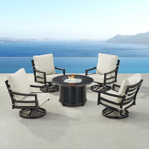Oakland Living Black Aluminum Patio Fire Table Set with Four Club Chairs with Light Grey Cushions