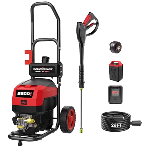 PowerSmart 80V 2600PSI Cordless Electric Pressure Washer, 6.0AH Battery Charger 1.2GPM, Battery Powered Electric Power Washer with 35FT Hose Reel, 27FT Hose, 5in1 Nozzle Set, Onboard Soap Tank