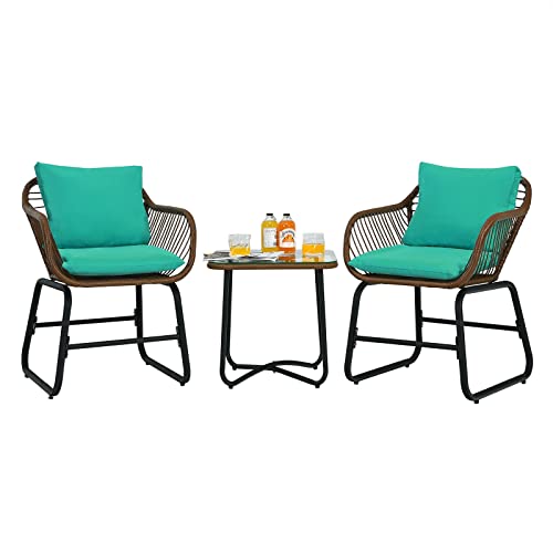 DUYHBAWRS 3PCS Patio Rattan Bistro Set Cushioned Chair Glass Table Deck Armchair Square(D)