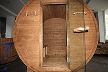 Carbonized Wood Outdoor Barrel Sauna with Front Porch, 4-6 Person Round suana Room, with 6KW Wet or Dry Heater-Ship from US(Supports Truck Delivery,Also Pickup Yourself from US Warehouse)