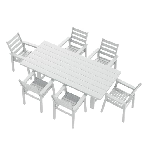 LUXOAK 7-Piece Outdoor Dining Set, 71" HDPE Table with 6 Chairs, Large Outside Patio Furniture with Umbrella Hole for Garden, Backyard, Poolside, White