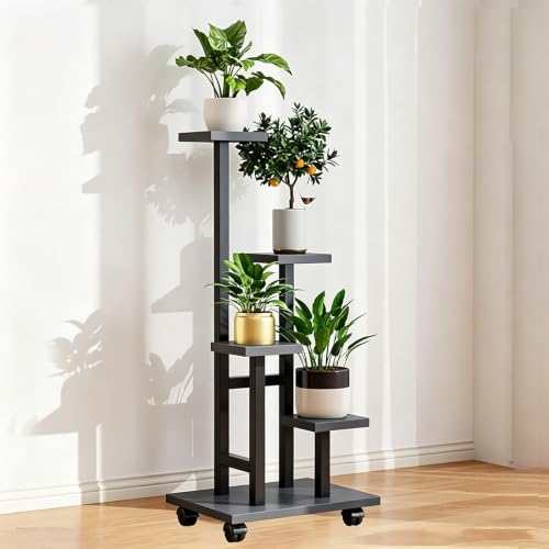 ARTUNV 4 Tier Rolling Plant Stand Indoor, Heavy Duty Metal Frame with Wooden Shelves, Space-Saving Corner Flower Holder for Garden, Porch & Living Room(Color:Gray)