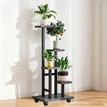 ARTUNV 4 Tier Rolling Plant Stand Indoor, Heavy Duty Metal Frame with Wooden Shelves, Space-Saving Corner Flower Holder for Garden, Porch & Living Room(Color:Gray)