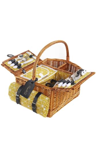 Handmade Wicker Picnic Basket Set for 4 People, Star Pattern Insulated Design with Carrying Handle, Includes Utensils Plates Cups Napkins and Water-Resistant Blanket, Straw Organizer for Outdoor