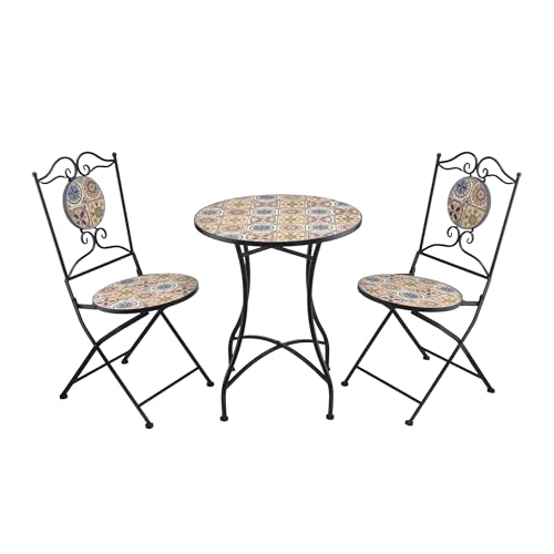 Alpine Corporation Indoor/Outdoor Mediterranean Tile Design Set Table and Chairs Patio Seating